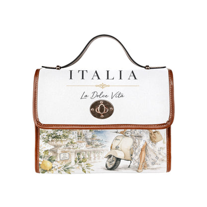 La Dolce Vita Damen-Handtasche – Italienischer Stil, Italia-Schrift, Zitronen- und Vespa-Motiv, braune Akzente.