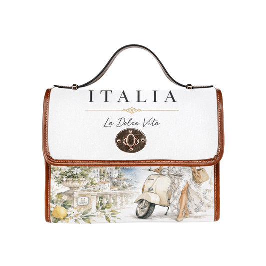 La Dolce Vita Damen-Handtasche – Italienischer Stil, Italia-Schrift, Zitronen- und Vespa-Motiv, braune Akzente.
