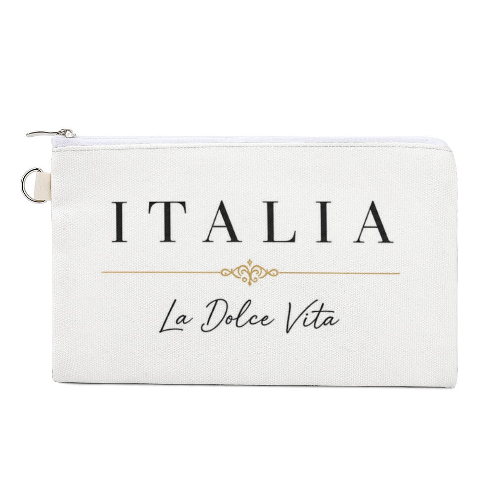 Kosmetiktasche La Dolce Vita – Italian Style mit Italia-Schriftzug auf weißem Hintergrund.