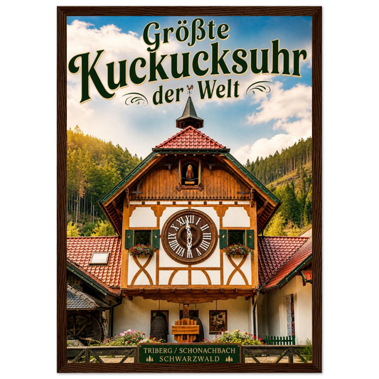 Größte Kuckucksuhr der Welt Poster im Holzrahmen vor Triberg im Schwarzwald.