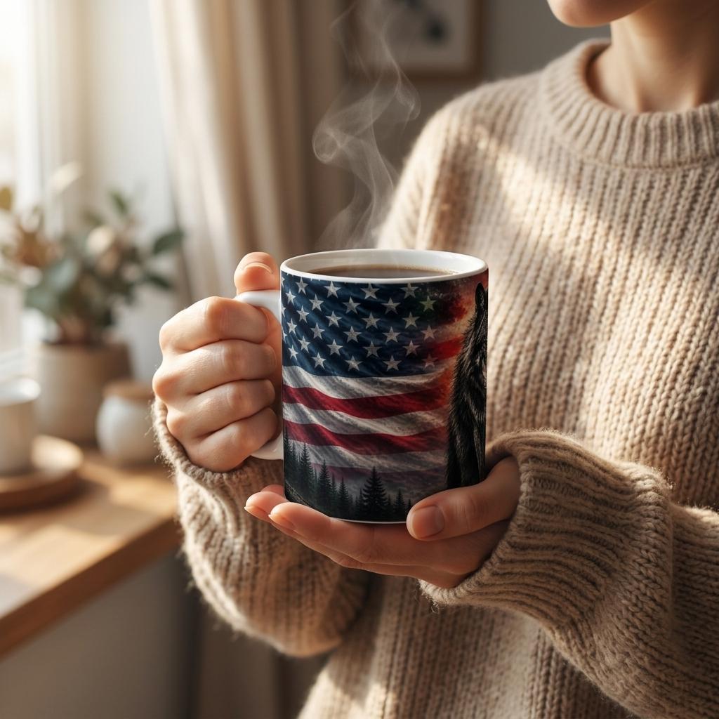 Schwarzwald Wolf – United Flags Tasse mit Flaggenmotiv und Wolf-Silhouette, dampfender Kaffee.
