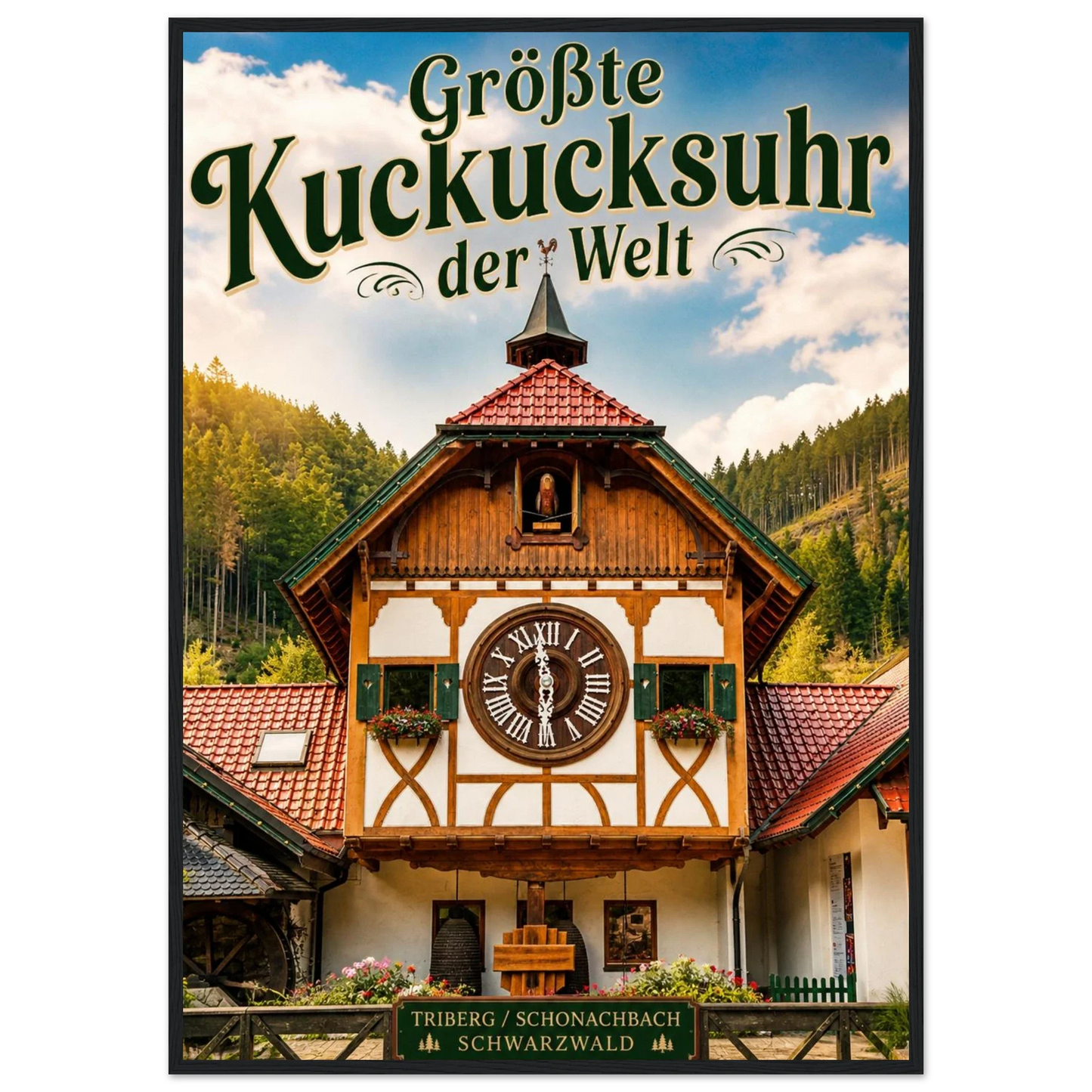 Größte Kuckucksuhr der Welt Poster mit Holzrahmen vor Triberg im Schwarzwald