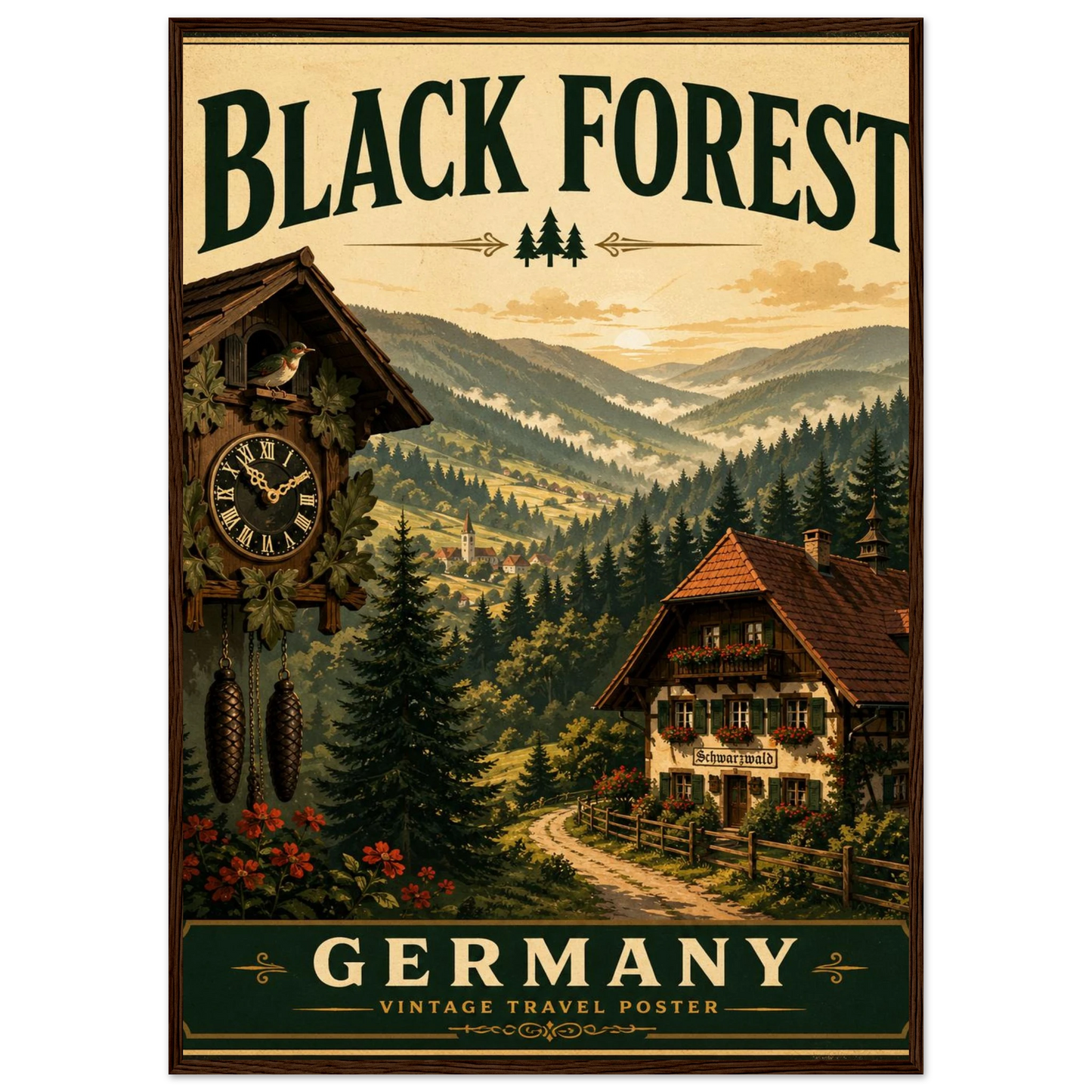 Schwarzwald Poster mit Holzrahmen – Vintage-Wandbild einer Schwarzwaldlandschaft mit Chalet, Uhr und Bergen
