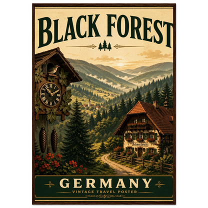 Schwarzwald Poster mit Holzrahmen – Vintage-Wandbild einer Schwarzwaldlandschaft mit Chalet, Uhr und Bergen