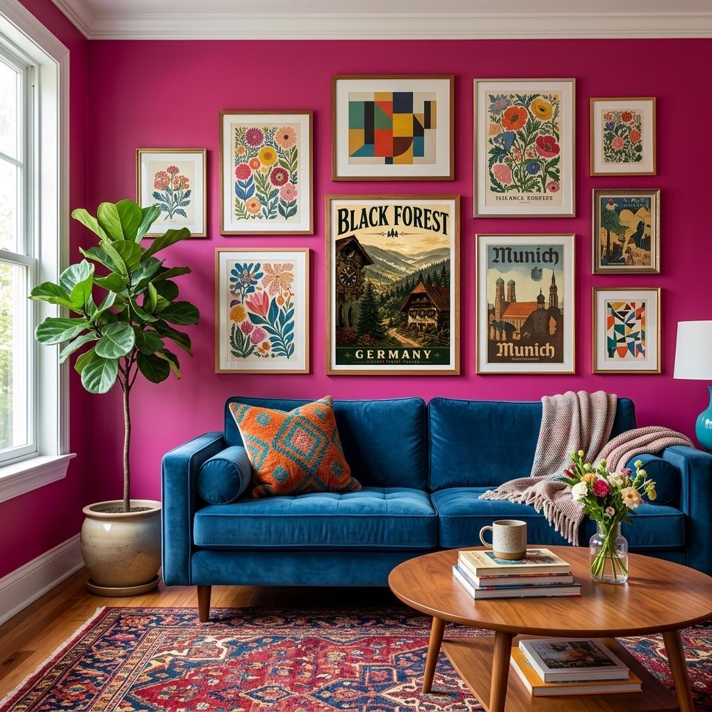 Schwarzwald Poster mit Holzrahmen als zentrales Wandbild über blauem Sofa in buntem Wohnzimmer.