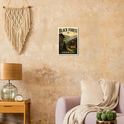 Schwarzwald Poster mit Holzrahmen – Vintage-Waldlandschaft als Wanddeko