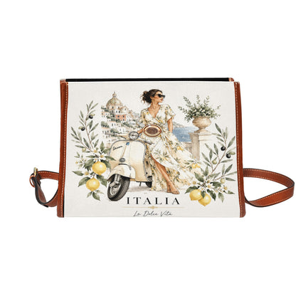 La Dolce Vita Damen-Handtasche – Italian Style mit Vespa, Zitronen und Olivenzweigen.