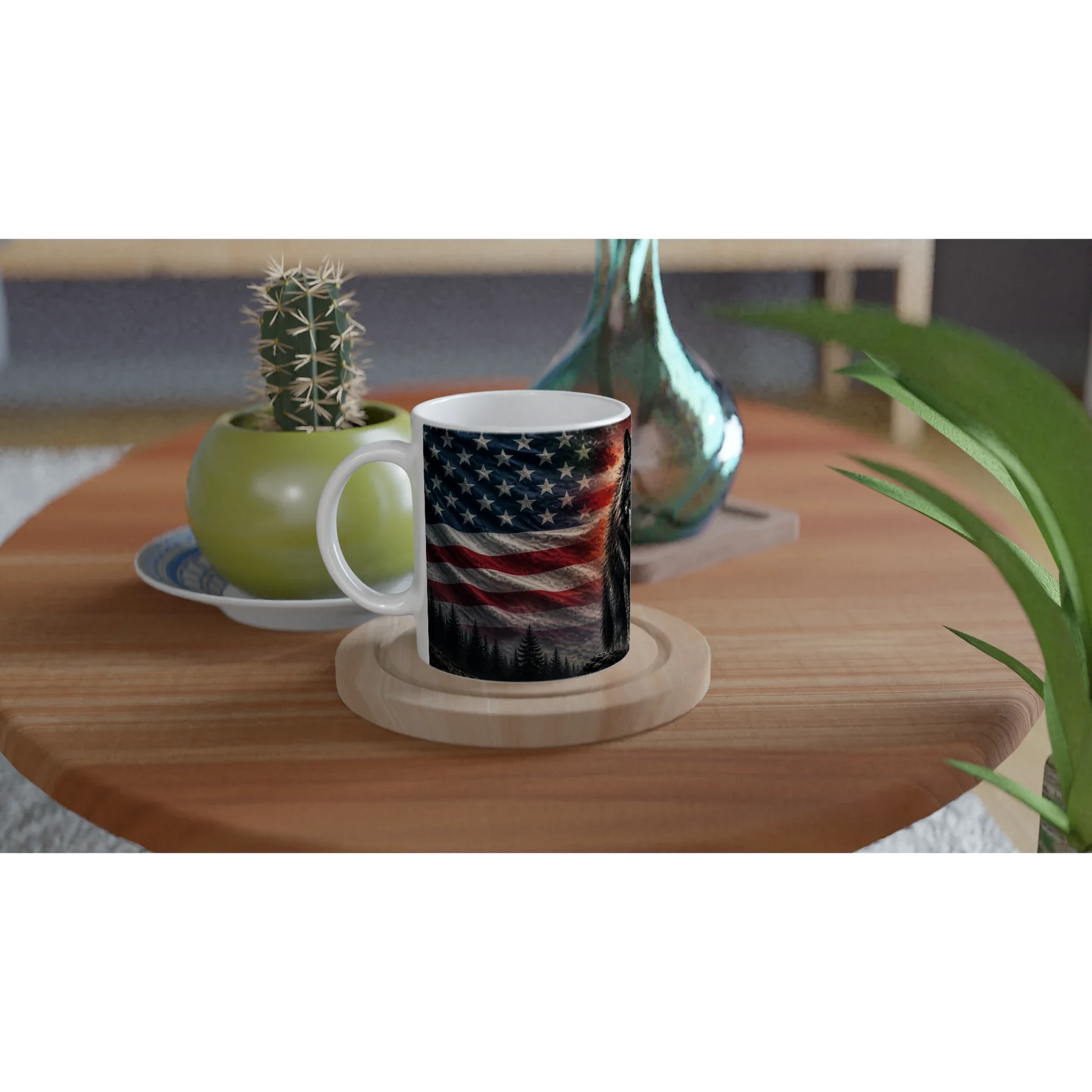 Schwarzwald Wolf United Flags Tasse mit Flaggenmotiv und US-Flaggen-Design, ideal für Kaffee.