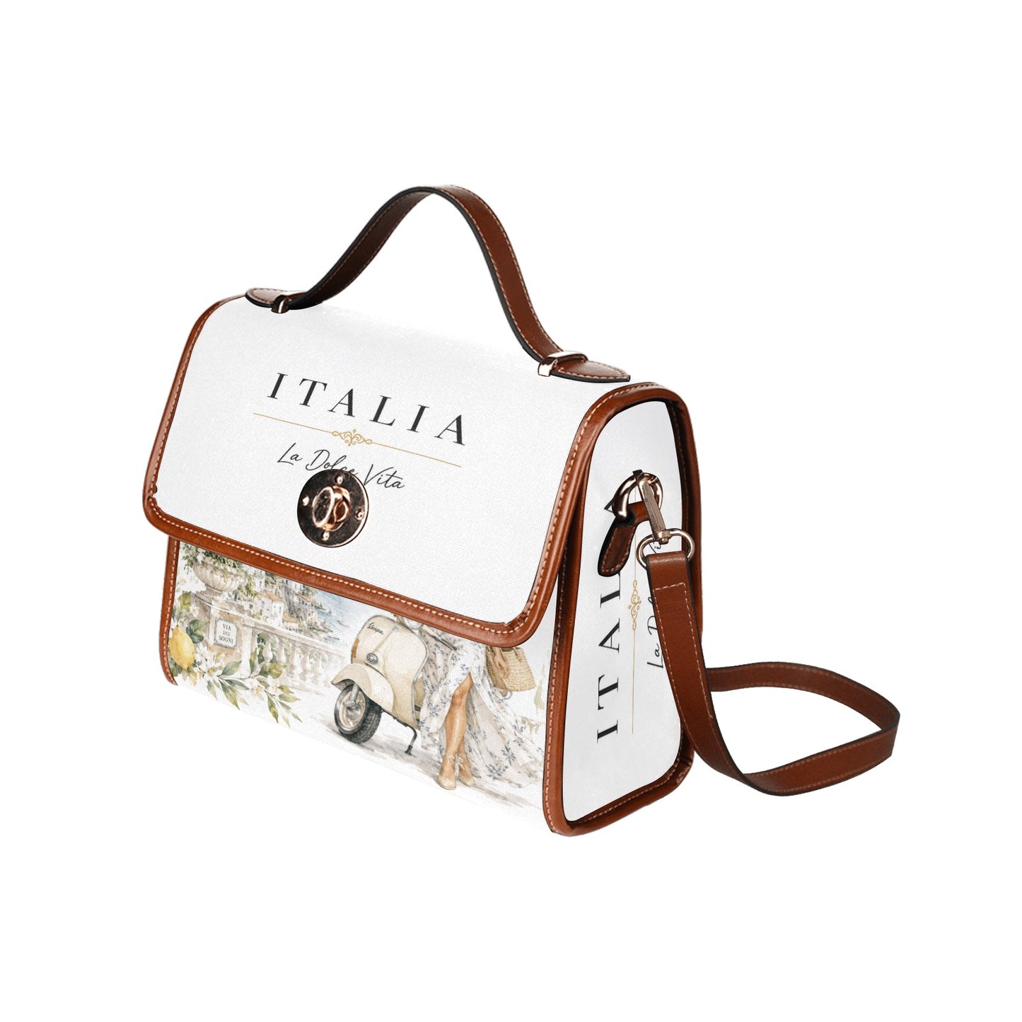 La Dolce Vita Damen-Handtasche – Italian Style, weiße Tasche mit Zitronen, Vespa-Detail und braunen Akzenten