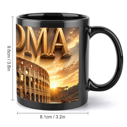 Colosseum Tasse - Keramikbecher mit Rom-Motiv, schwarzer Becher mit Sonnenuntergangs-Rom und goldener ROMA-Schrift.