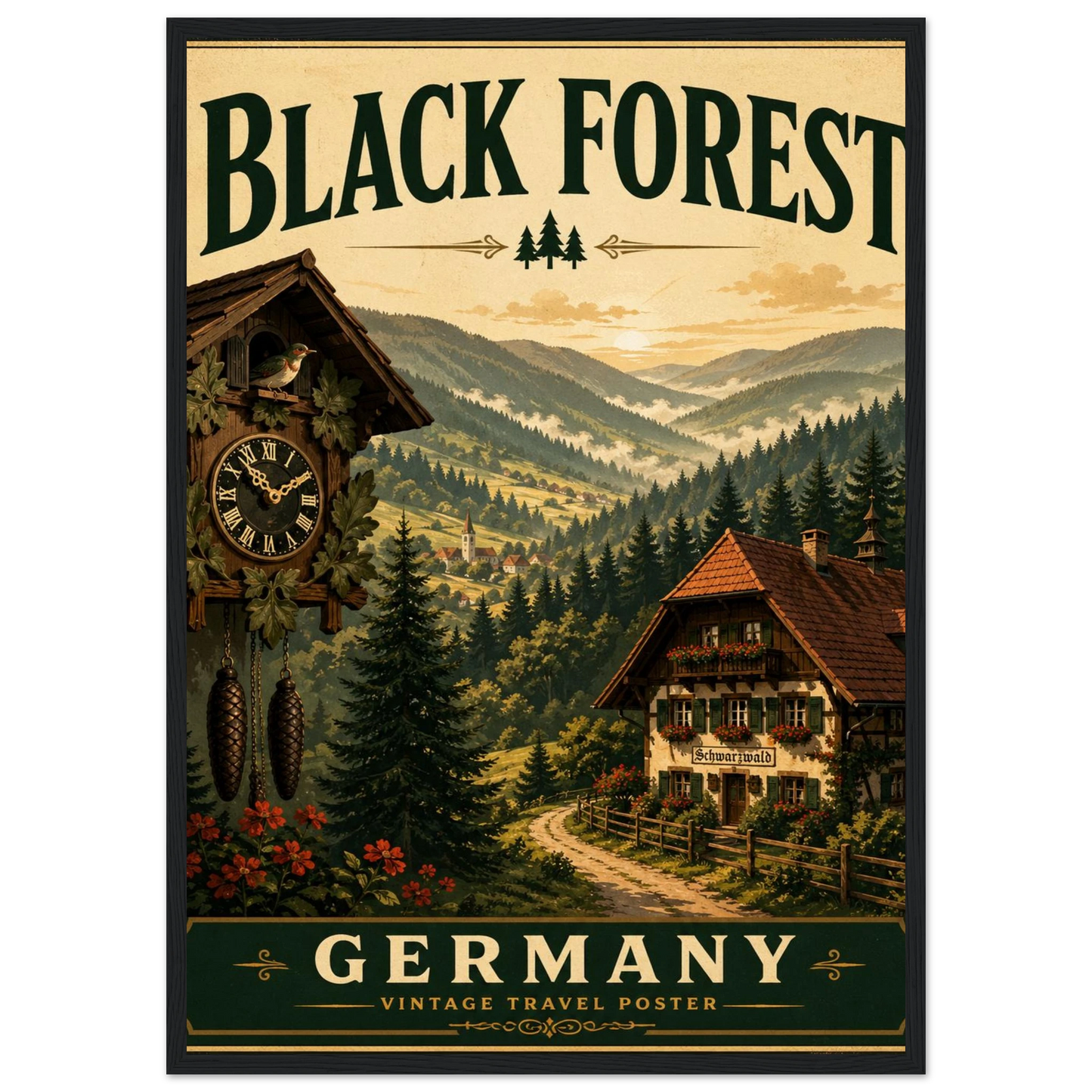 Schwarzwald Poster im Holzrahmen – Vintage-Wandbild mit Kuckucksuhr, Chalet und Waldlandschaft