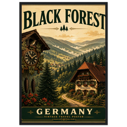 Schwarzwald Poster im Holzrahmen – Vintage-Wandbild mit Kuckucksuhr, Chalet und Waldlandschaft