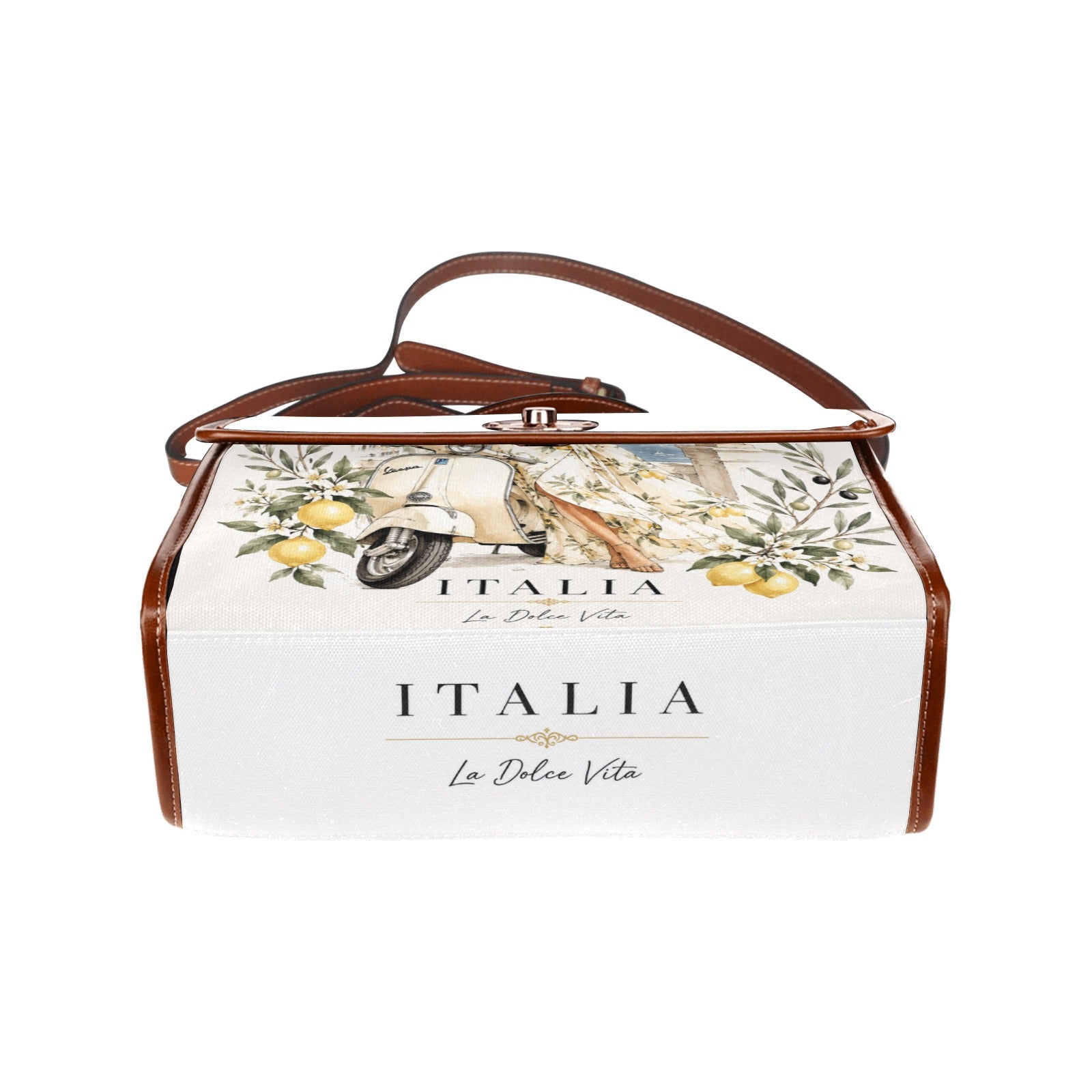 La Dolce Vita Damen-Handtasche im italienischen Stil mit Vespa-Detail, Zitronenmotiv und braunen Akzenten.