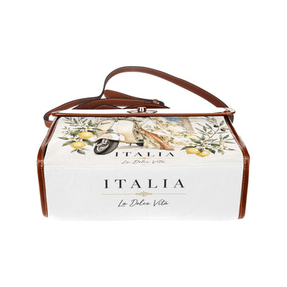 La Dolce Vita Damen-Handtasche im italienischen Stil mit Vespa-Detail, Zitronenmotiv und braunen Akzenten.