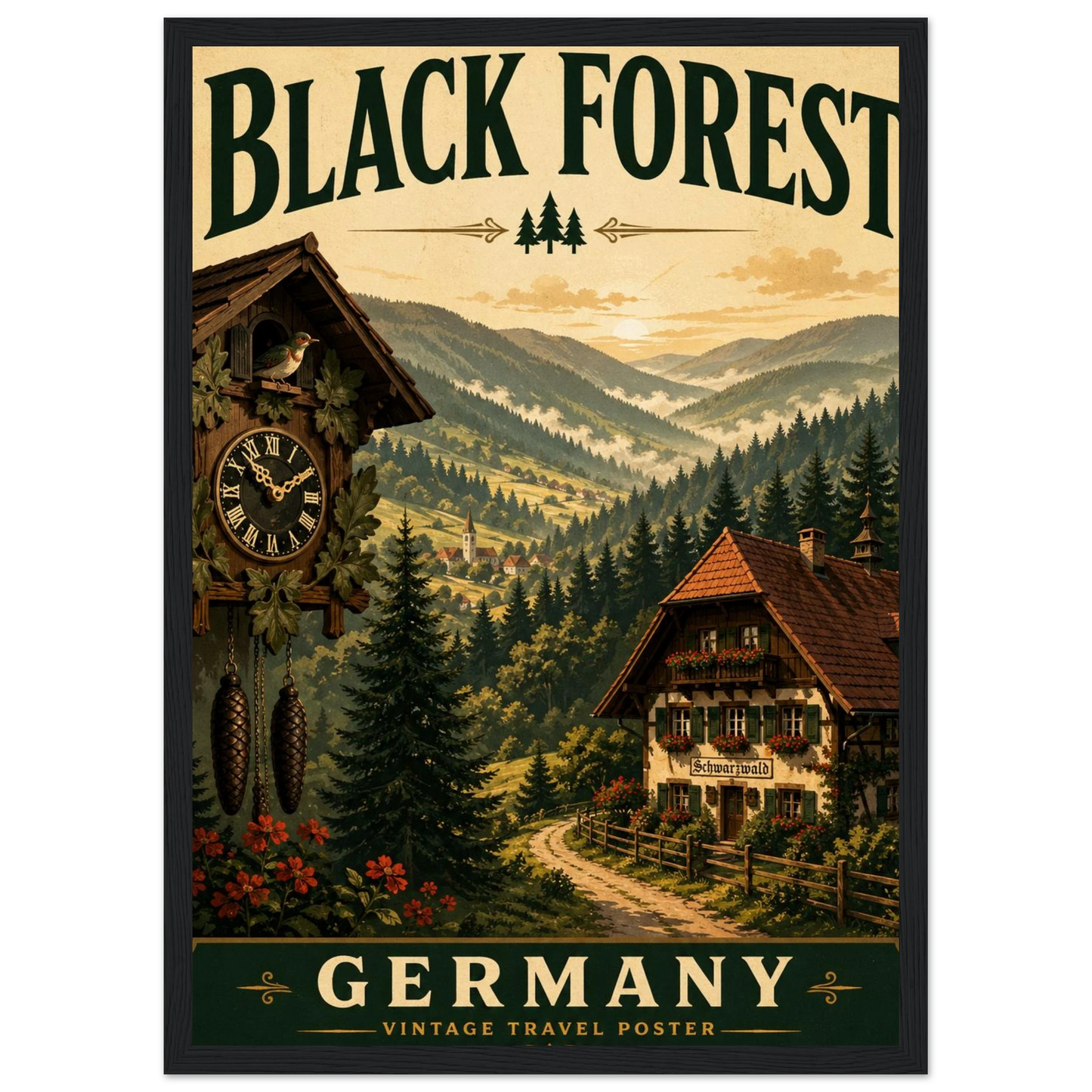 Schwarzwald Poster mit Holzrahmen – Vintage-Wandbild einer malerischen Schwarzwaldlandschaft