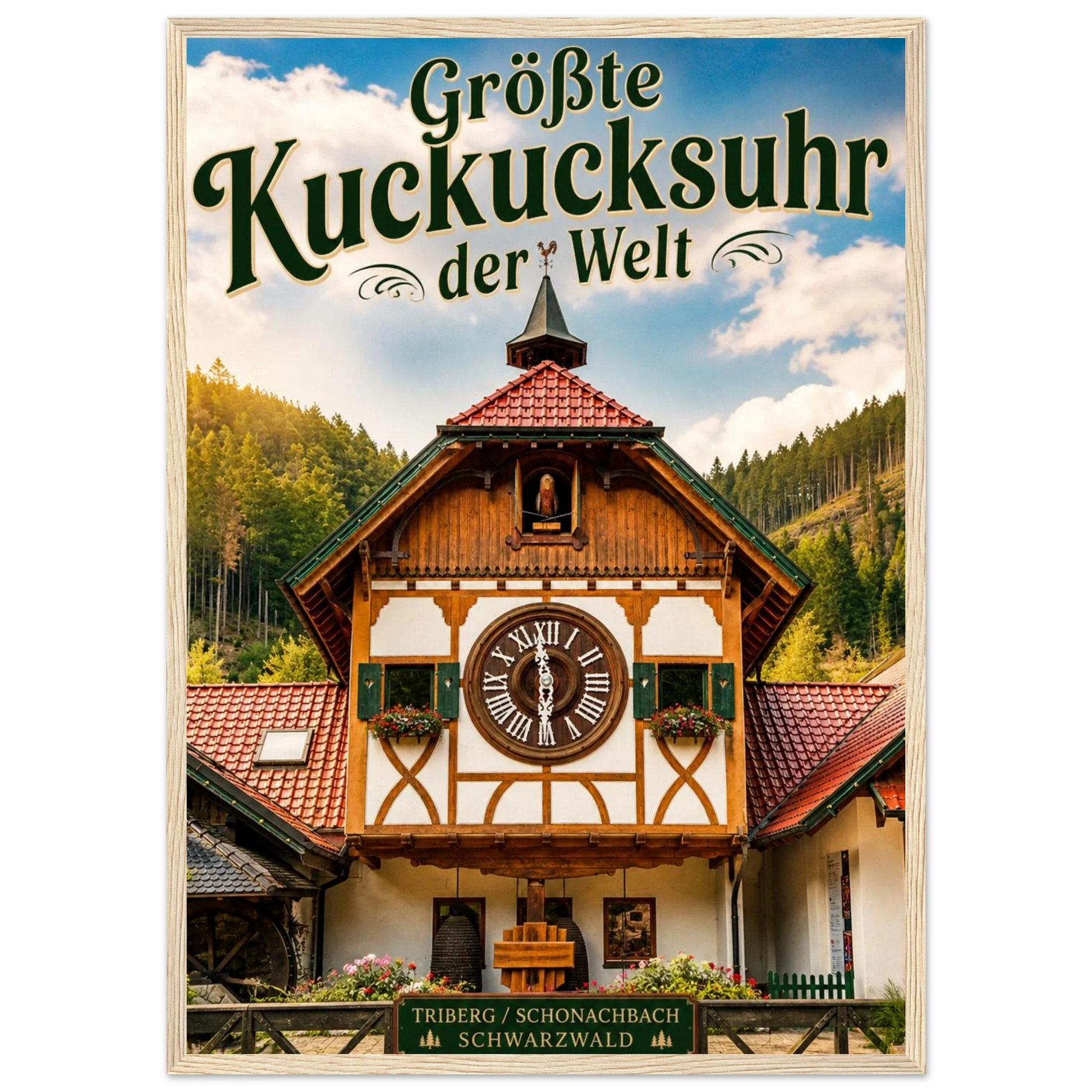 Poster der größten Kuckucksuhr der Welt im Holzrahmen vor Triberg-Schwarzwald Uhrturmfassade