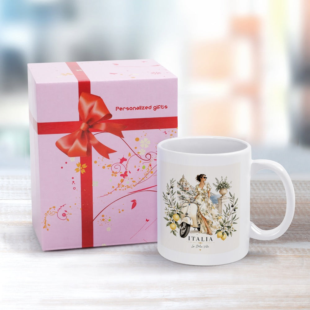 La Dolce Vita Tasse – Keramiktasse mit Vespa, Zitronen und Küstenflair in Geschenkbox.