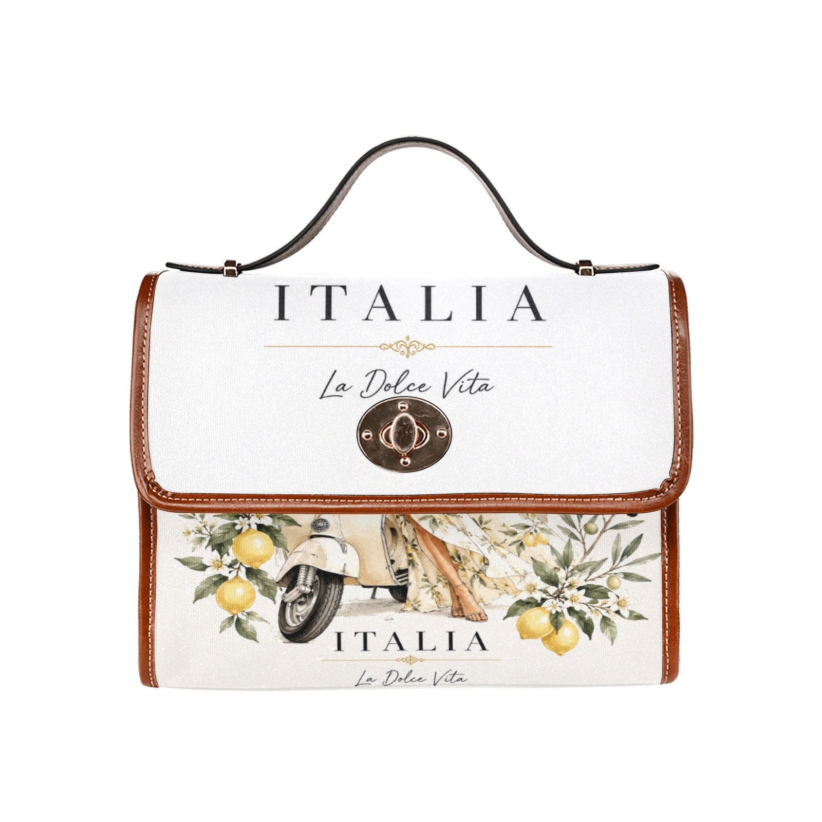 La Dolce Vita Damen-Handtasche – Italienischer Stil, Zitronen-Motiv, Vespa-Detail und braune Akzente.