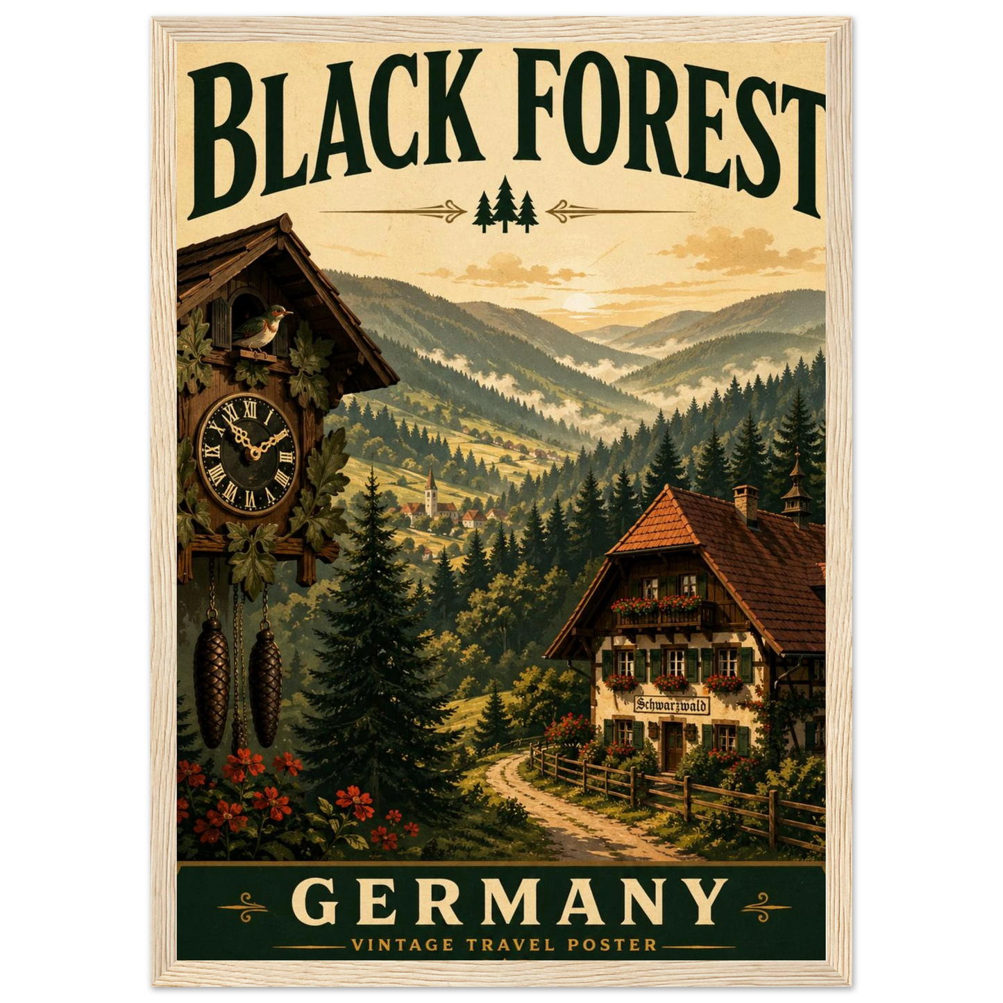 Schwarzwald-Poster im Holzrahmen – Vintage-Wandbild der Schwarzwaldlandschaft mit Tannen und Chalet