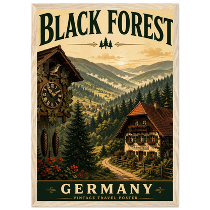 Schwarzwald-Poster im Holzrahmen – Vintage-Wandbild der Schwarzwaldlandschaft mit Tannen und Chalet